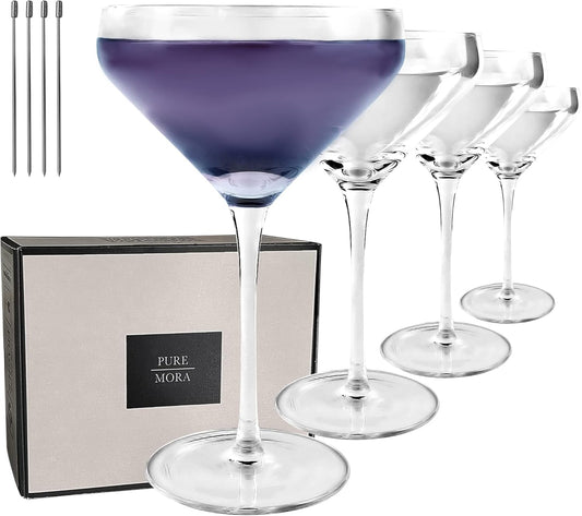 PURE MORA The Remy Coupe - Set of 4, 8oz Handblown Premium Crystal Martini Glasses for Cocktail, Gin & Tonic, Cosmopolitan, Manhattan, Bar, Fancy Mixology, etc. Modern Angle Drinking Glassware