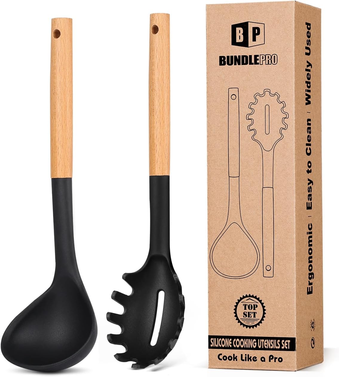 Silicone Pasta Fork and Ladle Spoon Set with Wooden Handle, Heat Resistant Non Stick Kitchen Utensils for Cooking, Stirring, Serving Spaghetti, Soup, Sauce(BLACK)