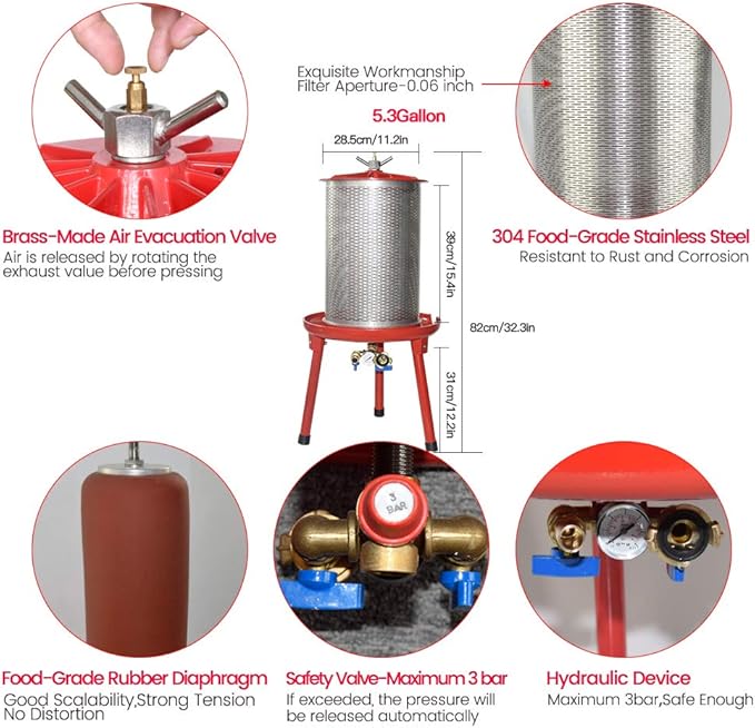 SQUEEZE master Hydraulic Fruit Wine Apple Press -5.3Gallon/20L -Stainless Steel for Wine Cider Making with Filter Bag&Splash Guard