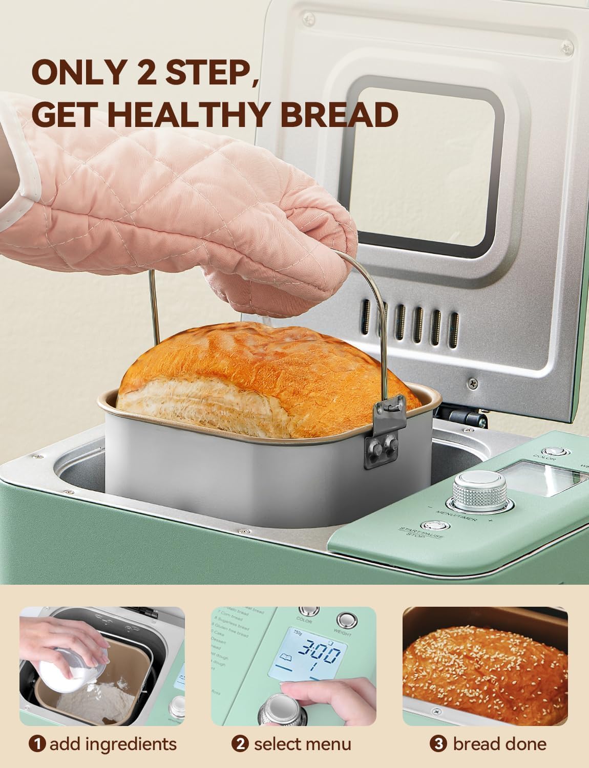 Neretva Bread Maker, 20-in-1 2LB Bread Machine Dual Heater & Nonstick Ceramic Pan Bread Makers Machine All Metal Compact for Gluten Free/Dough Maker/Meat Floss/Jam/Yogurt/Breadmaker Recipe-Light Green