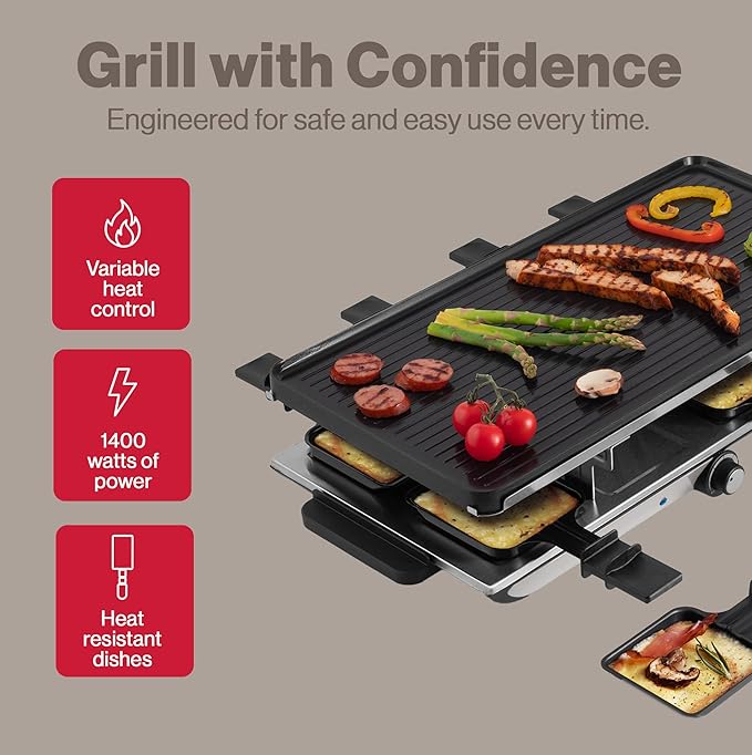 Swissmar Geneva Raclette Grill with Reversible Cast Aluminum Grill Top - Perfect for outdoor & Indoor Electric Raclette Grill & Griller - Barbeque Bonding - 8-Person