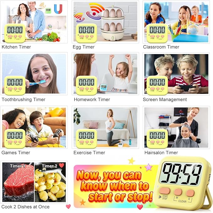 Antonki 2 Pack Digital Timer for Kids, Magnetic Countdown Kitchen Timers for Cooking, Egg, Classroom, Teacher, Exercise, Study, Oven - Battery Included
