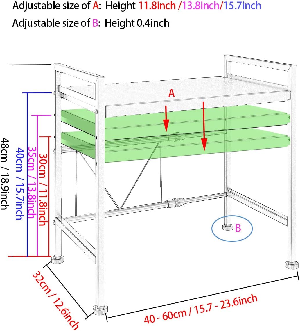 PUSDON Extendable Microwave Oven Rack, Adjustable Microwave/Toaster Shelf Heavy Duty Stand Kitchen Counter Top Organizer(L15.7~23.6" xW12.6 xH18.9), 2-Tier with 3 Hooks, 160lbs Weight Capacity, White