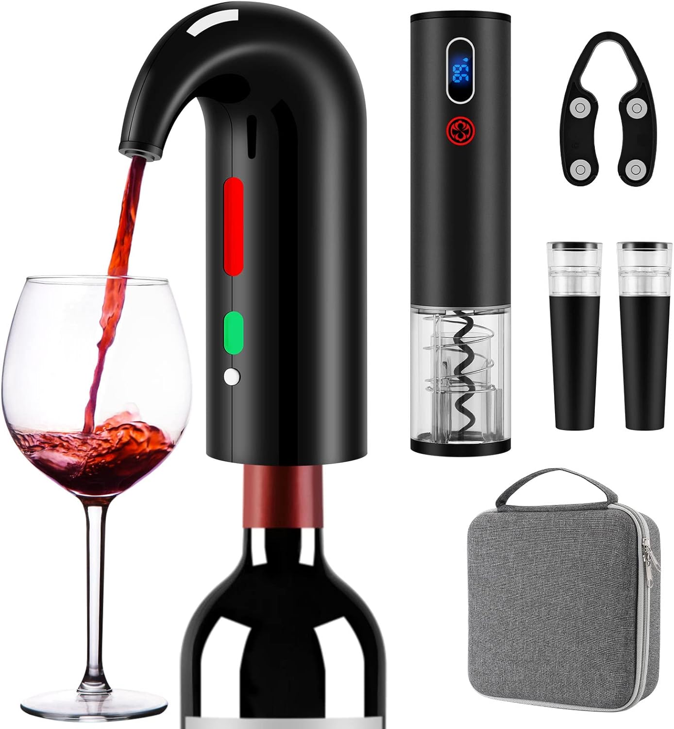 Wine Opener Christmas Day Gift Set with Electric Wine Bottle Opener, Wine Decanter&Wine Aerator and Pourer, wine stopper, Foil Cutter and EVA Storage Bag, Rechargeable and Automatic(Black)