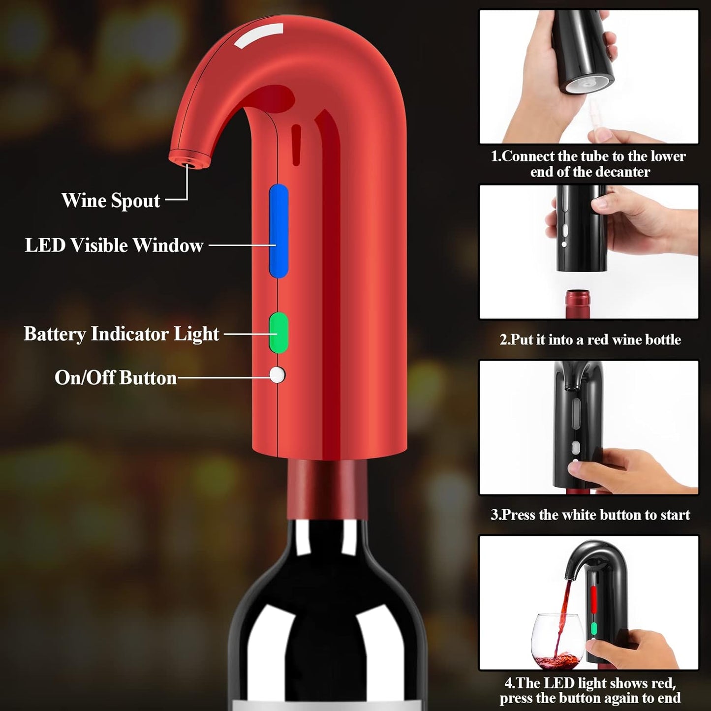 Wine Bottle Opener Christmas Day Gift Set with Electric Wine Opener, Wine Decanter&Wine Aerator and Pourer, wine stopper, Foil Cutter and EVA Storage Bag, Rechargeable and Automatic-(Christmas Red)