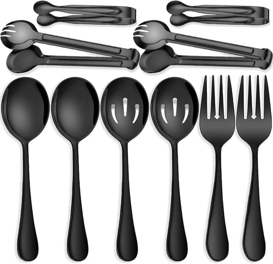 10 PCS Stainless Steel Serving Utensils, Large Serving Spoons Slotted Spoons, Serving Forks, Serving Tongs, Ice Suger Tongs, Metal Utensils Set Great for Buffet Catering Banquet Party (Black)