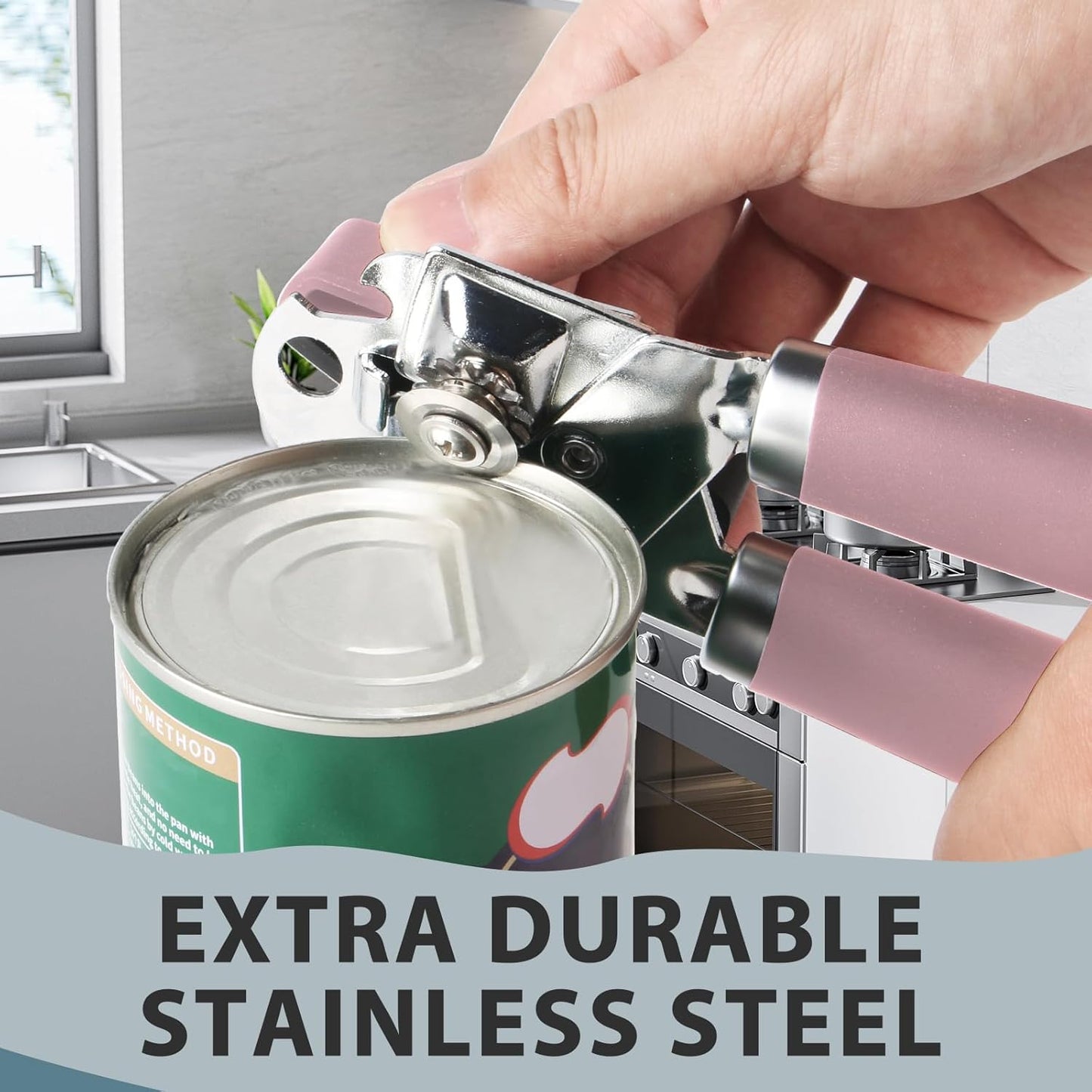 Can Opener Manual, Heavy Duty Handheld Strong Can Opener with Soft Touch Handle, Sharp Blade Smooth Edge, Can Openers with Multifunctional Bottle Opener, Pink