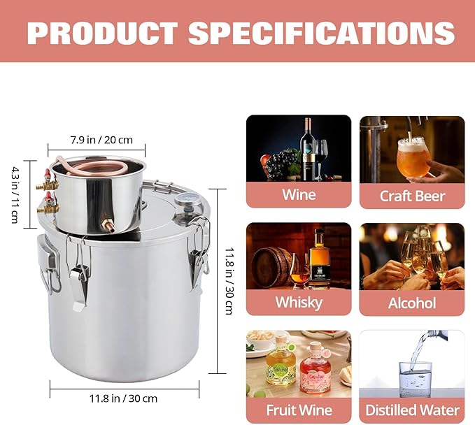 Alcohol Still 5 Gal/20L, Alcohol Water Distiller Thickened Stainless Steel Spirits Kit w/Copper Tube & Display Thermometer, Home Brew Wine Making Kit for Diy Whiskey, Wine, Brandy, Essential Oil