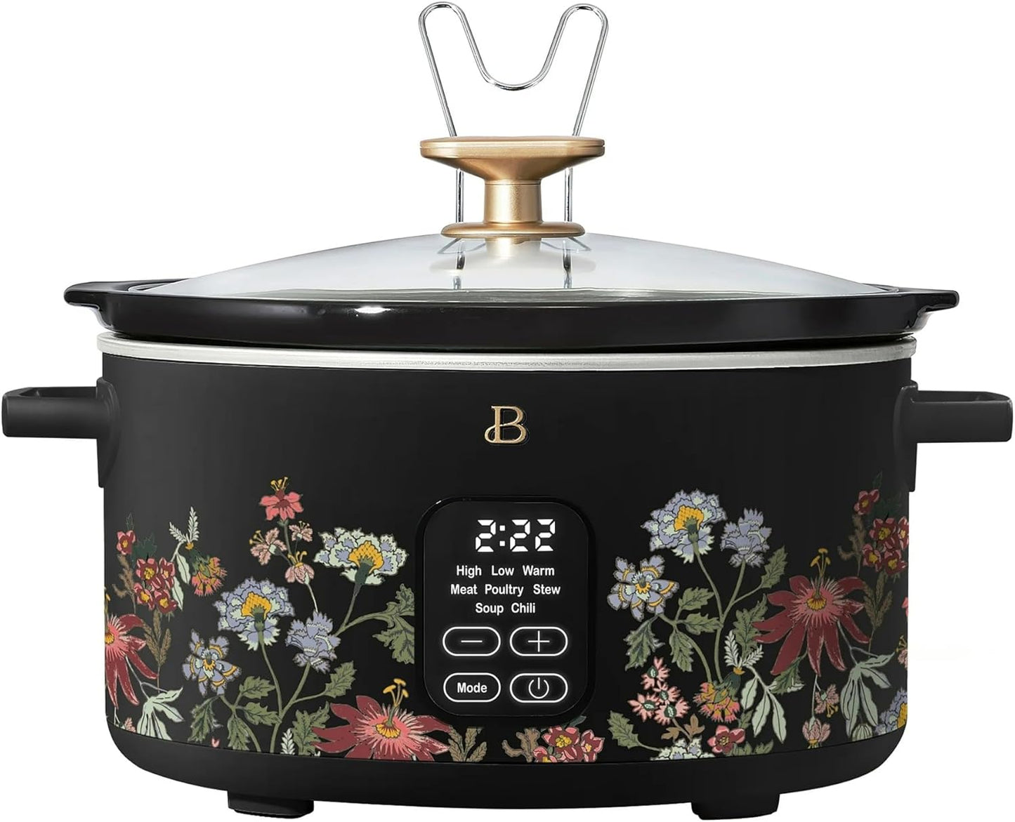 Beautiful 6 Qt Programmable Slow Cooker by Drew Barrymore - 5 Preset Cooking Functions, Digital Countdown Timer, Dishwasher-Safe Parts, and Cool-Touch Handles (Black) (Wildflower Black)