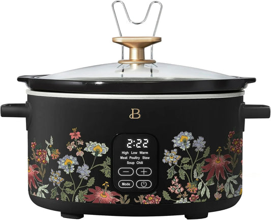 Beautiful 6 Qt Programmable Slow Cooker by Drew Barrymore - 5 Preset Cooking Functions, Digital Countdown Timer, Dishwasher-Safe Parts, and Cool-Touch Handles (Black) (Wildflower Black)