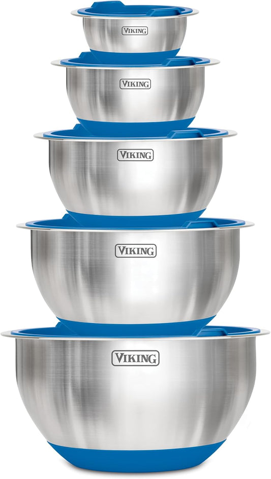 VIKING Mixing Bowls Set, 10 Piece Stainless Steel Kitchen Cookware, Non-Slip Silicone Base, Includes Tight Fit Lids, Dishwasher Safe, Blue