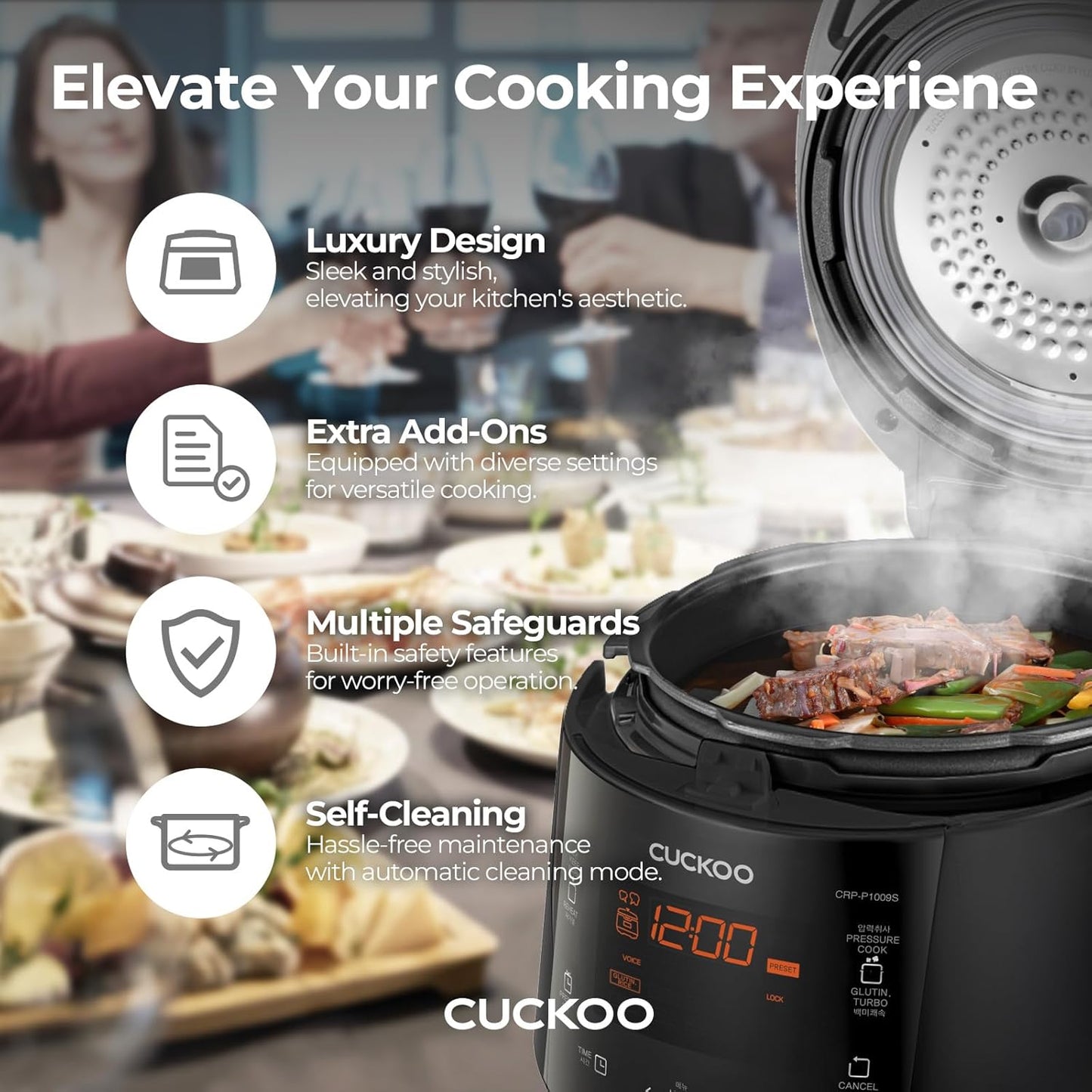 CUCKOO High Pressure Rice Cooker 6-Cup Uncooked / 12-Cup Cooked with Nonstick Inner Pot, Versatile Rice Maker with 12 Menu Options and Steam Plate, Fuzzy Logic Tech, Voice Guide, Black (CRP-P0609S)