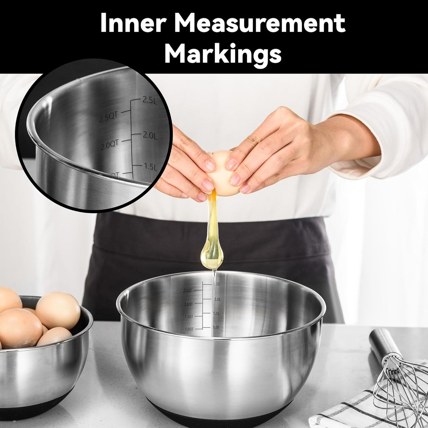 Stainless Steel Mixing Bowls with Lids – Set of 5 Large Nesting Metal Bowls for Kitchen, Baking, Cooking, Food Prep & Storage, Non-Slip Base, Dishwasher Safe,Black