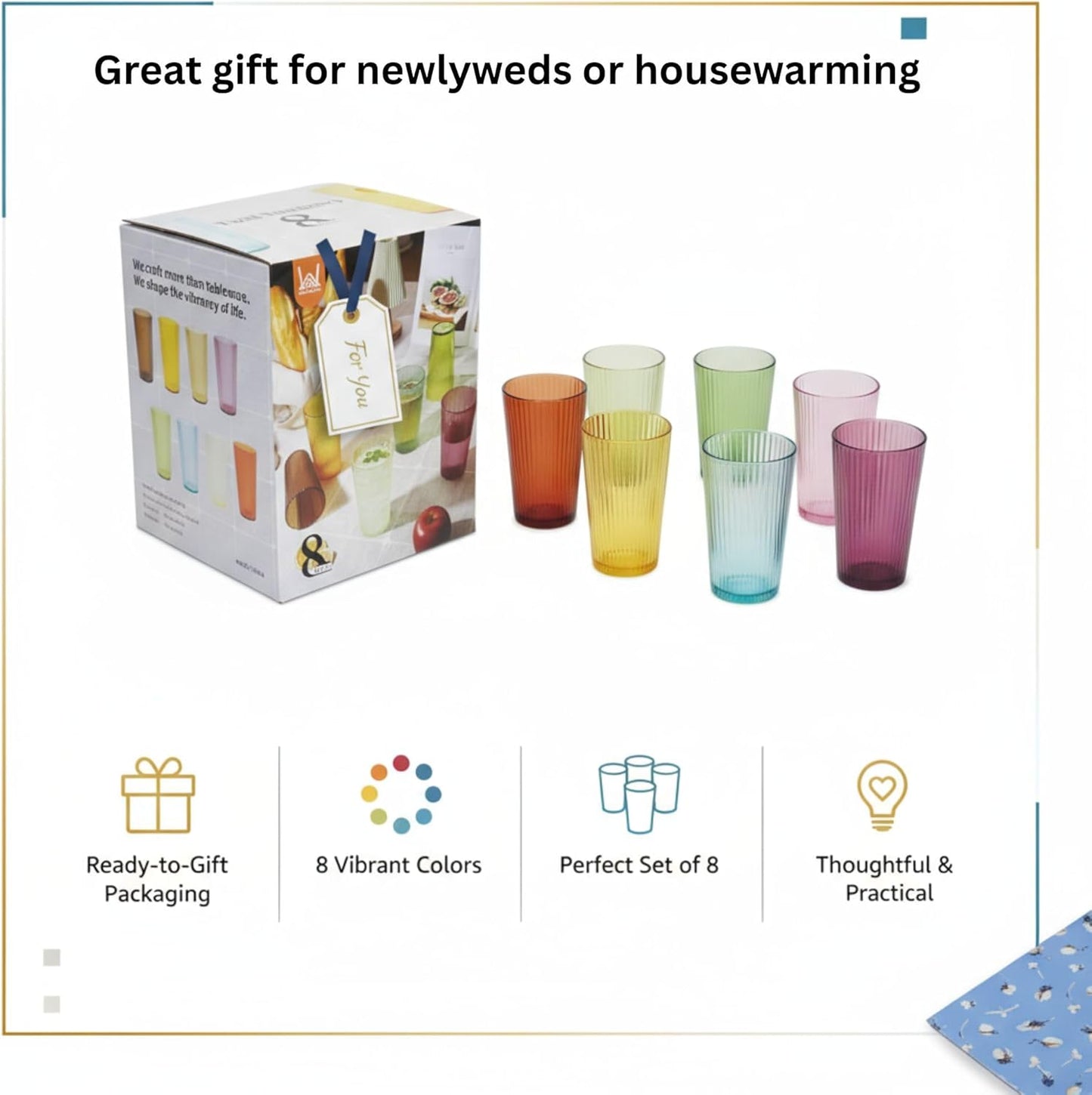 8-Piece Twill Plastic Tumbler Set, 19oz Stackable Drinking Glasses, BPA-Free & Food Grade, Ribbed Design, Top-Rack Dishwasher Safe, Durable Cups for Patio, Party, Gift and Everyday Use