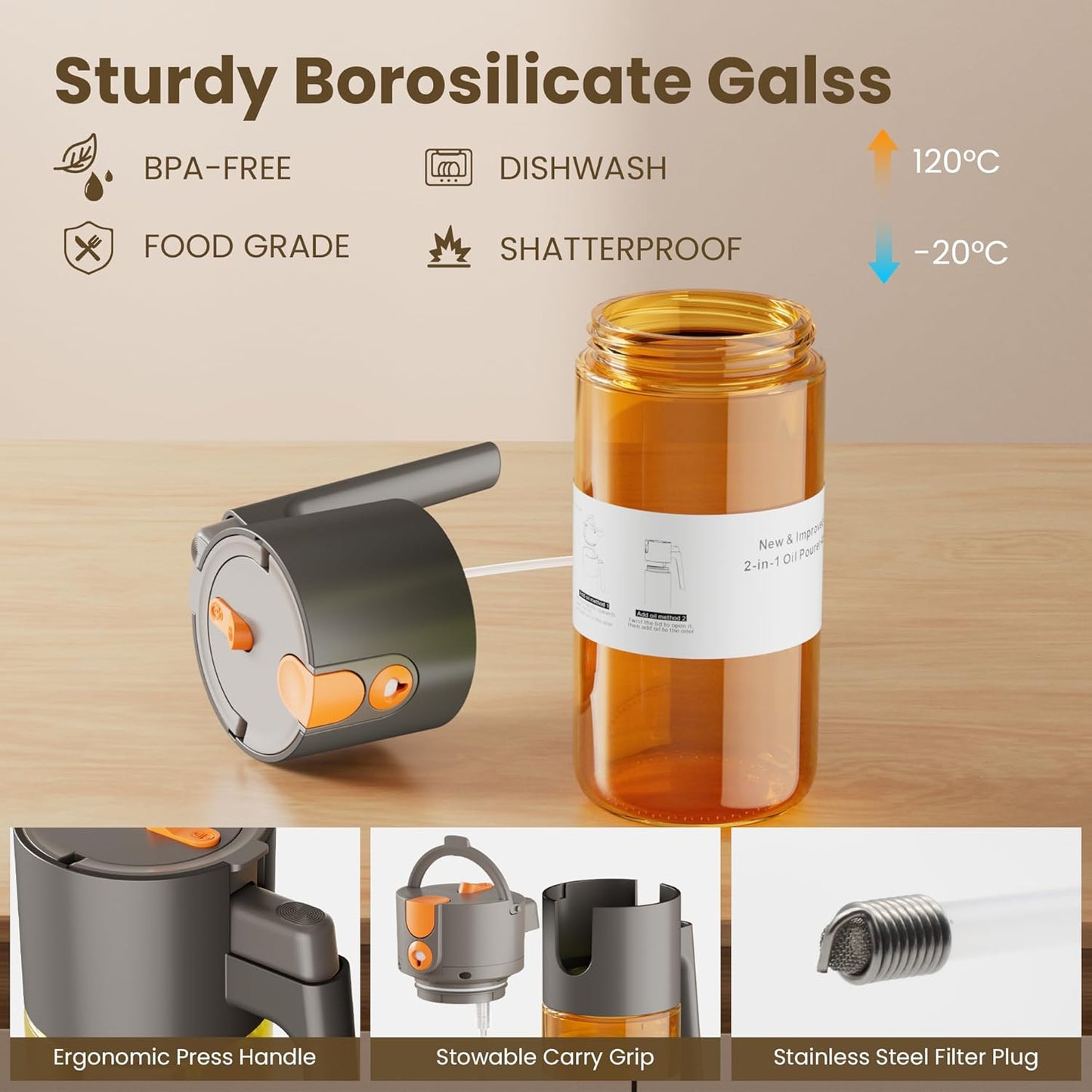 17oz/500ml Oil Sprayer for Cooking with Stickers, 2 in 1 Glass Olive Oil Mister for Kitchen, Light-Proof Spray Bottle Portion Control, Large Olive Oil Dispenser Bottle for Salad, Air Fryer, BBQ