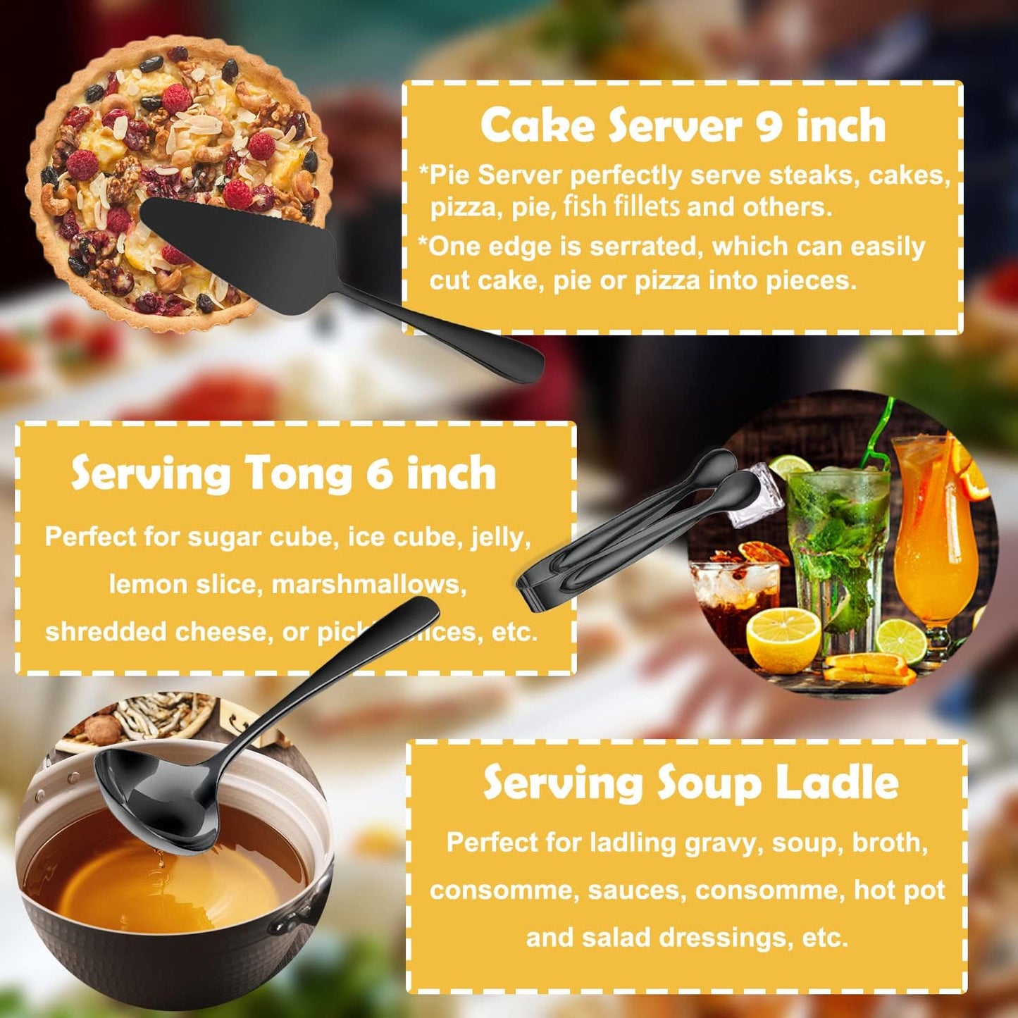 6 PCS Stainless Steel Serving Utensils, Large Serving Spoons Slotted Spoons, Forks, Ice Suger Tongs, Cake Server, Soup Ladle, Metal Utensils Set Great for Buffet Catering Banquet Party, Black