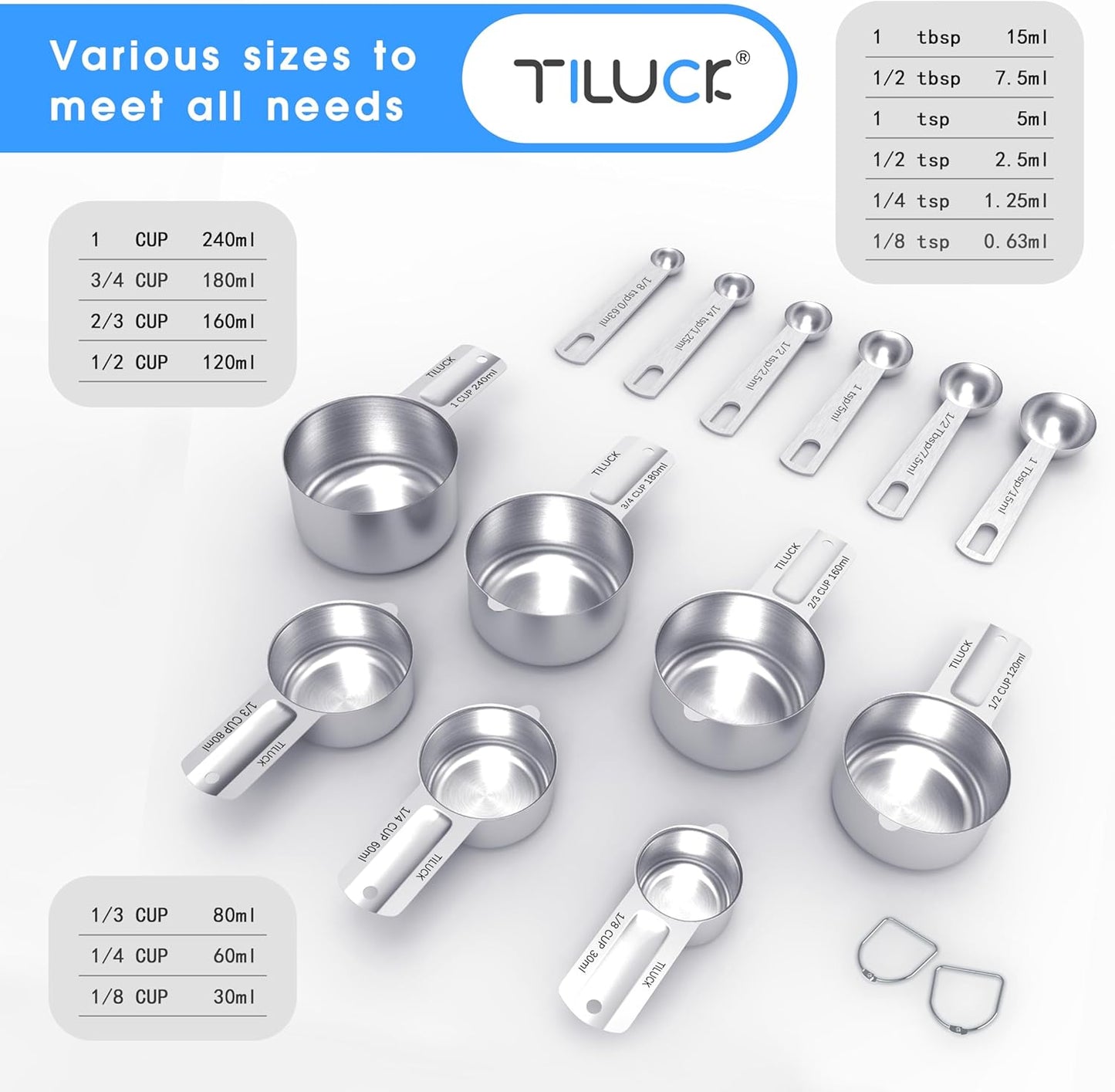 TILUCK Stainless Steel Measuring Cups & Spoons Set,Coffee Scoop Spoon,Kitchen Gadgets for Cooking & Baking,Set of