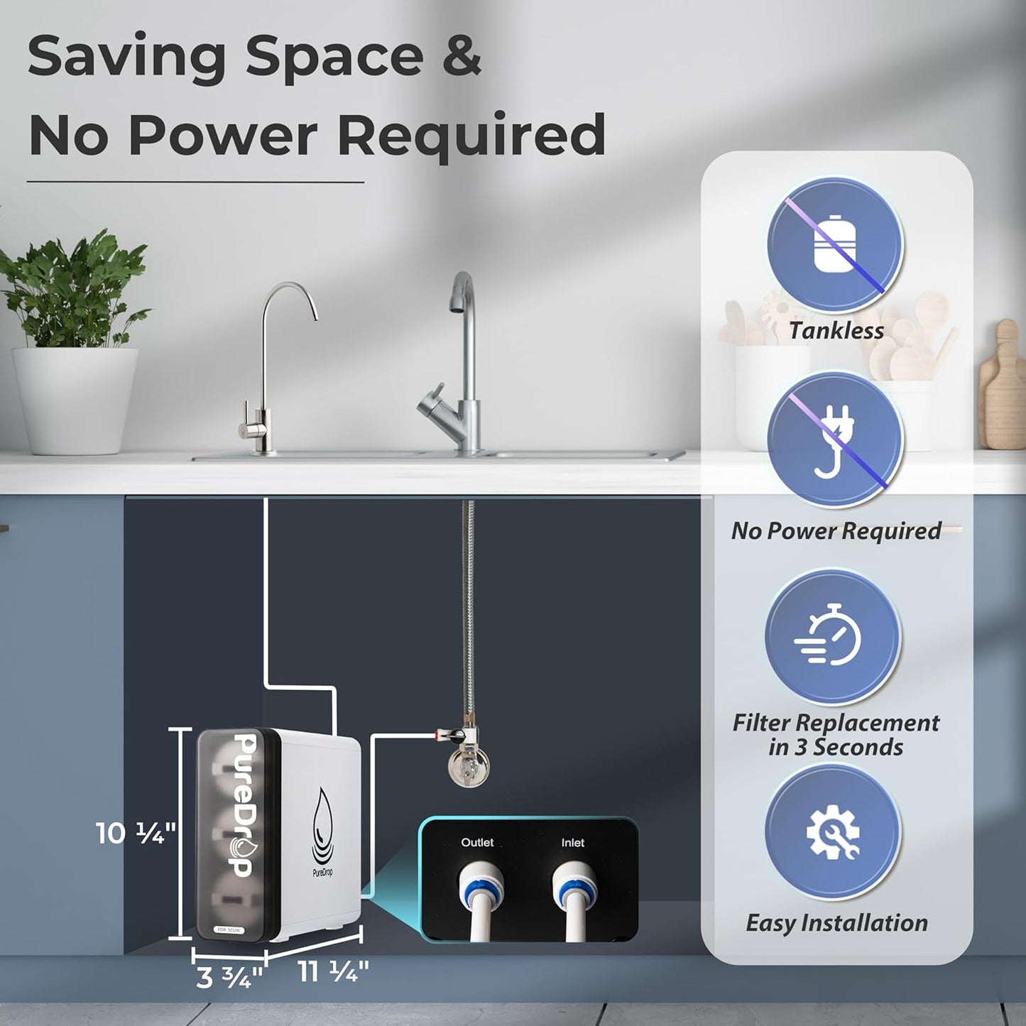 PDR-3CUW 0.01μm Ultra-Filtration Under Sink Water Filter System, SGS-Tested Tankless 3-Stage Compact Undersink Water Filtration with Faucet, Removes Chlorine, Bad Taste & Odor, No Waste Water