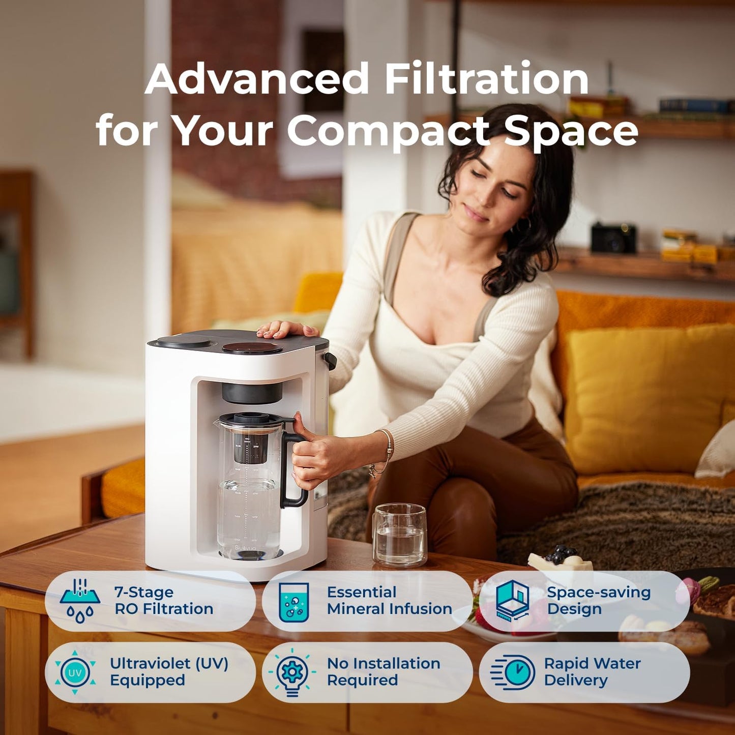 Bluevua RO100ROPOT-Lite(UV) Reverse Osmosis System Countertop Water Filter, 7-Stage Purification with UV and Remineralization, TDS & Filter Life Monitoring, Portable Water Purifier, White