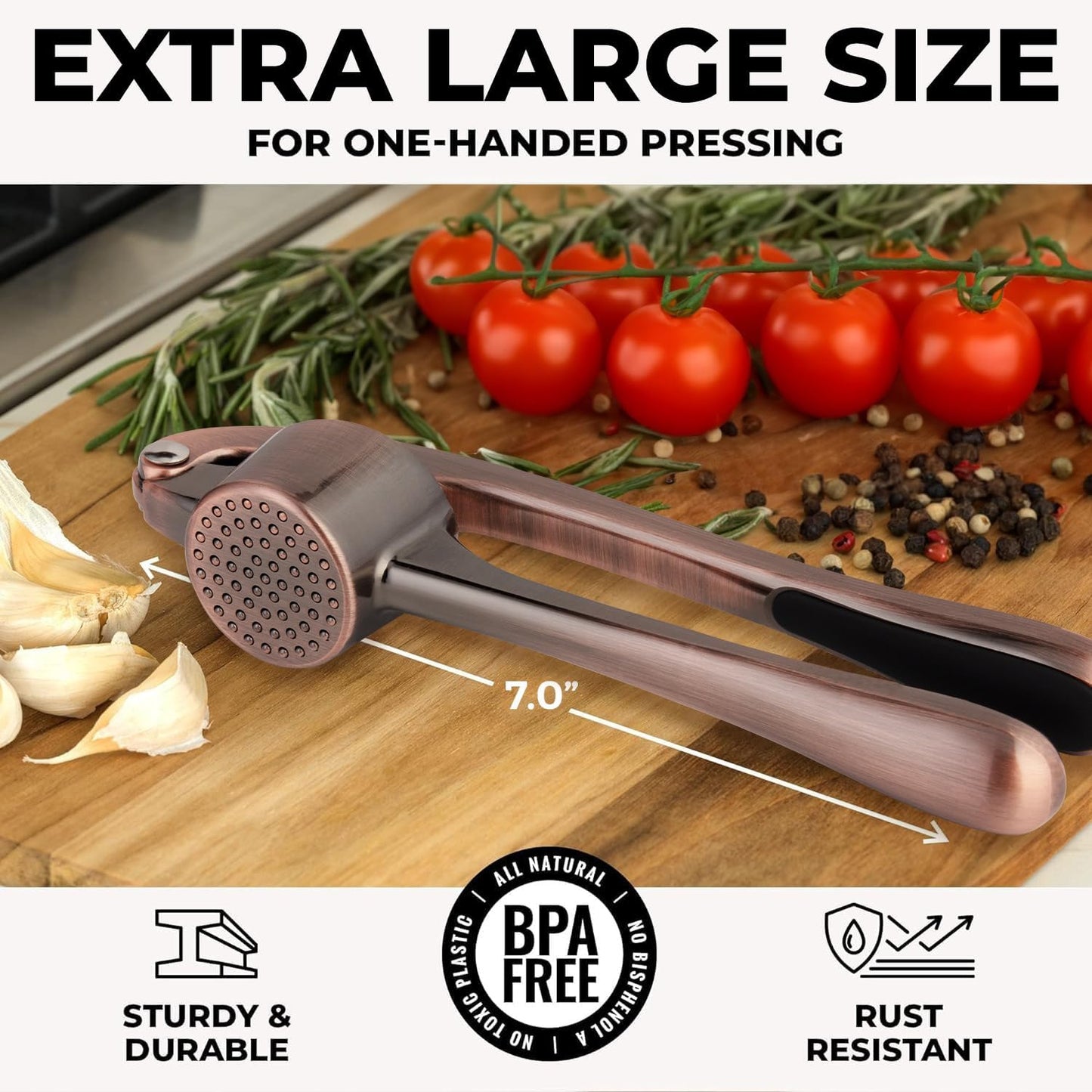 Zulay Kitchen Large Premium Garlic Press Set - Bigger Bowl for Bigger Garlic - Rust Proof & Dishwasher Safe Garlic Mincer Tool - Easy-Squeeze, Easy-Clean Silicone Garlic Peeler & Brush (Copper)
