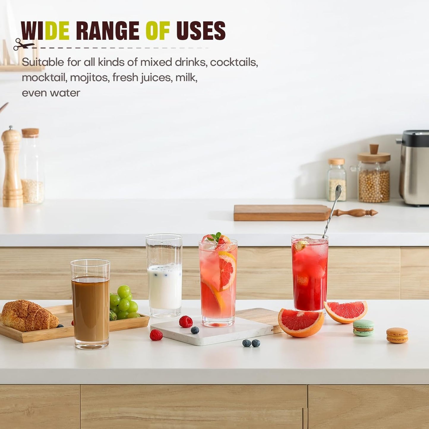 Highball Glasses Set of 12, 16oz Tall Drinking Glasses, Water Glass for Kitchen, Tom Collins Glasses, Mojito Glass Cups, Cocktail Glasses for Bar Glassware