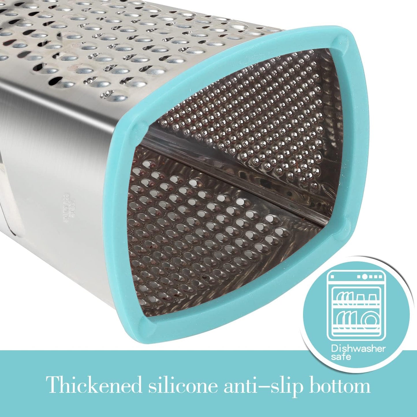 Ourokhome Cheese Grater with Handle, Stainless Steel Box Grater, 4 Side Kitchen Vegetable Shredder Slicer Zester with Container for Parmesan, Cabbage, Ginger, Lemon, Chocolate, Coconut (Teal)