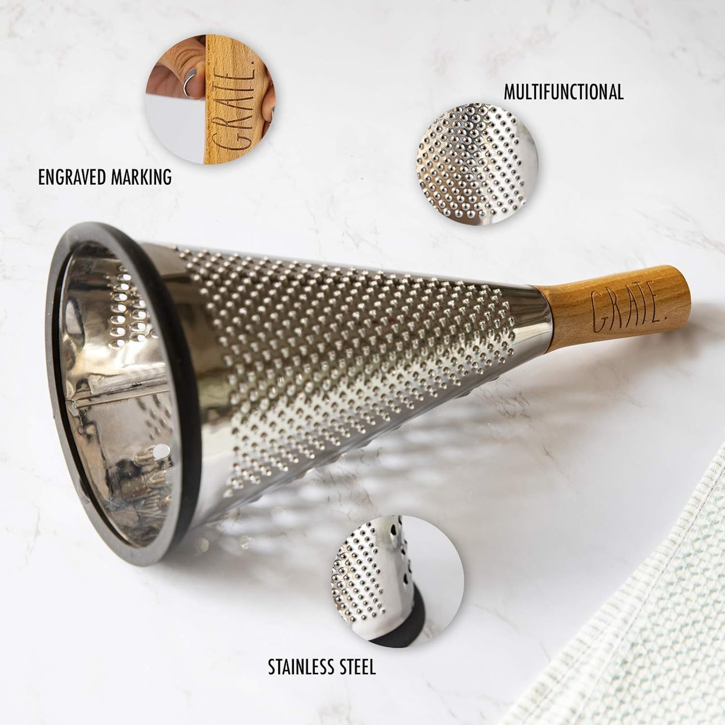 Rae Dunn Everyday Collection Multifunction Grater- Stainless Steel Grater and Zester for Cheese, Spices, Vegetables, Wood