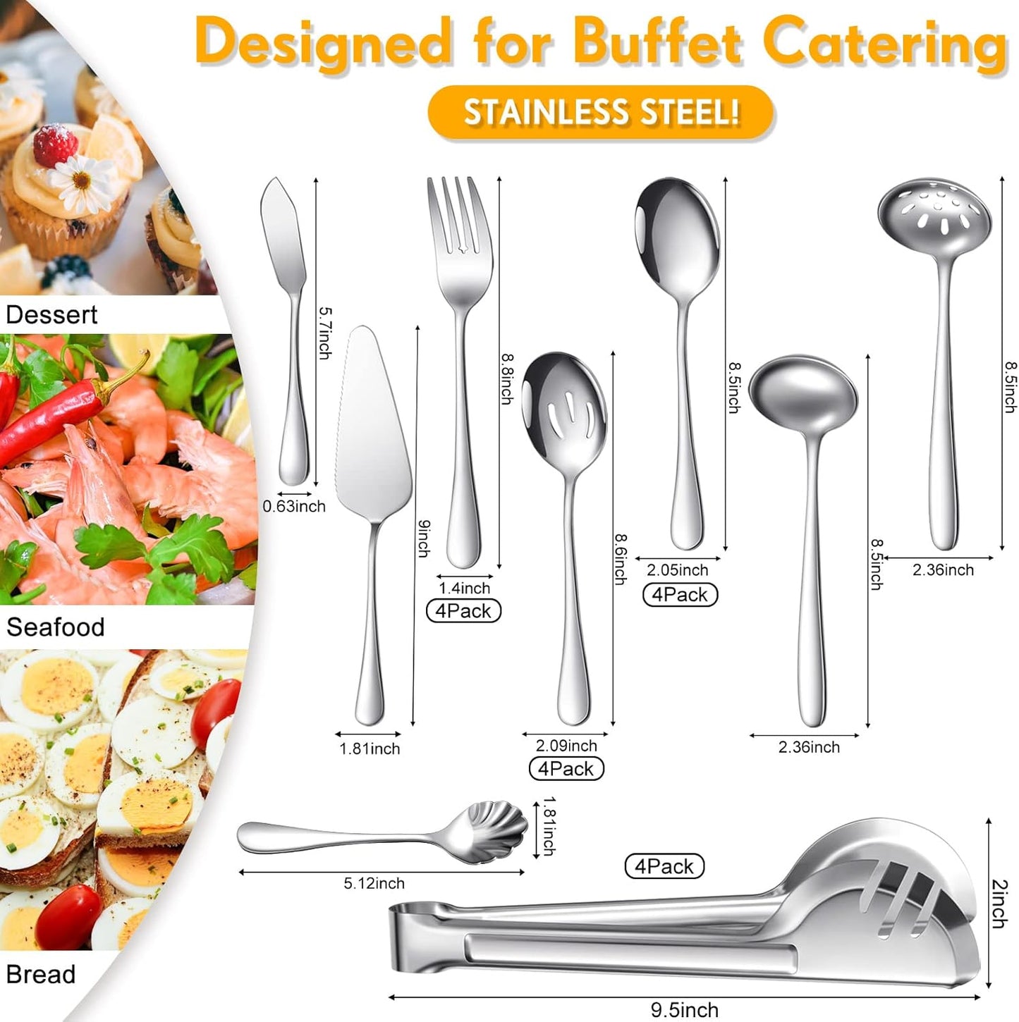 Patelai Serving Utensils Set Include Stainless Steel Large Spoons Slotted Spoons Forks Tongs Soup Ladle and Pie Server for Parties Buffet Catering, Dishwasher Safe(Silver,21 Pieces)