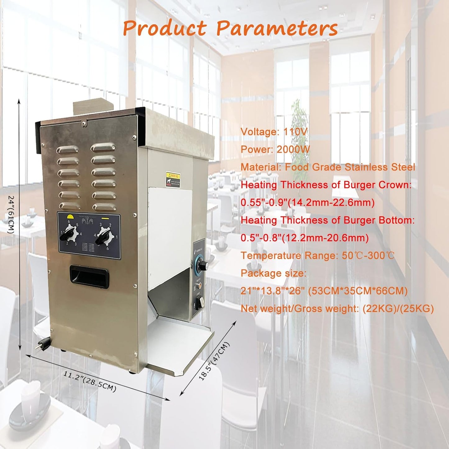 Commercial Small Hamburger Buns Toaster Stainless Steel Bread Toasting Machine with Adjustable Temperature and Thickness 110V 2000W 50℃-300℃