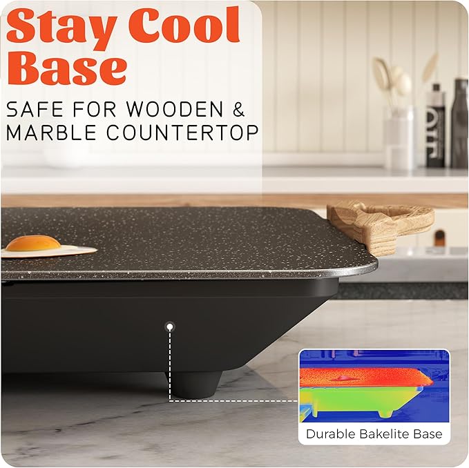 CookSimple Everyday 20"x12" Electric Griddle–1700W Nonstick ILAG Granite Surface, Large Sloped Design, Perfect for Family Meals, Pancakes&Eggs, Fast Even Heating, Easy to Clean, Granite Black