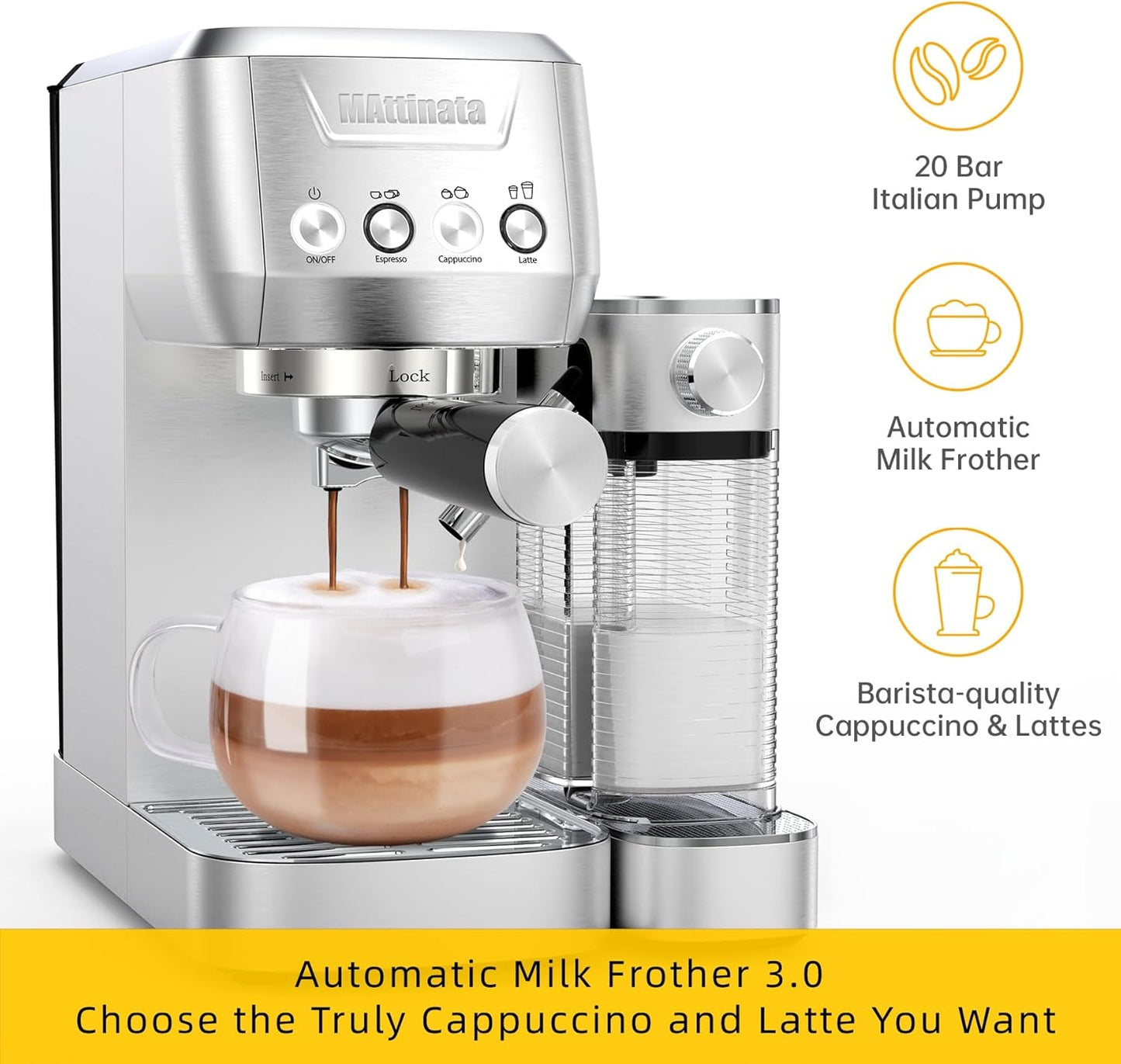 MAttinata CM1632 Cappuccino Coffee Machine 20 Bar, Professional Espresso Machines for Home with Automatic Milk Frothering System, Barista Compact Latte Maker for Coffee Lovers, Stainless Steel
