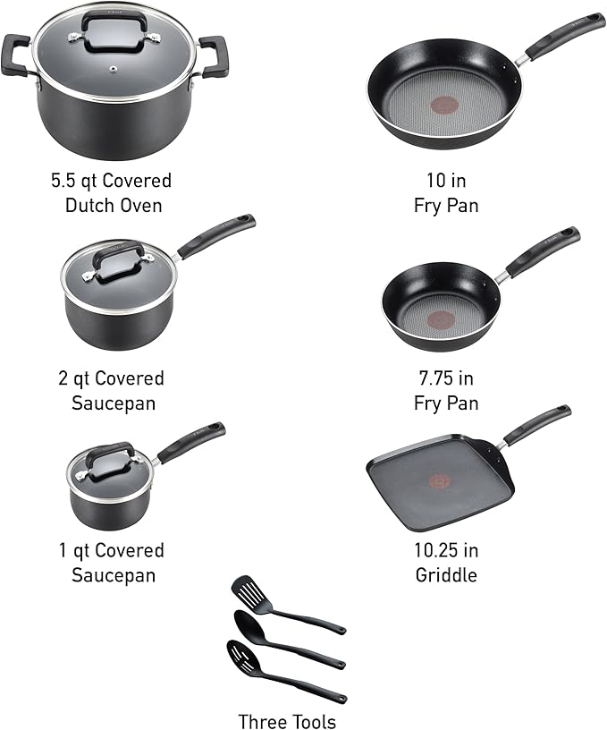 T-fal Signature Nonstick Cookware Set 12 Piece, Oven Broiler Safe 350F, Pots and Pans, Kitchen Cooking Set w/Fry Pans, Saucepans, Saute Pan, Dutch Oven, Griddle, Kitchen, Home, Dishwasher Safe, Black