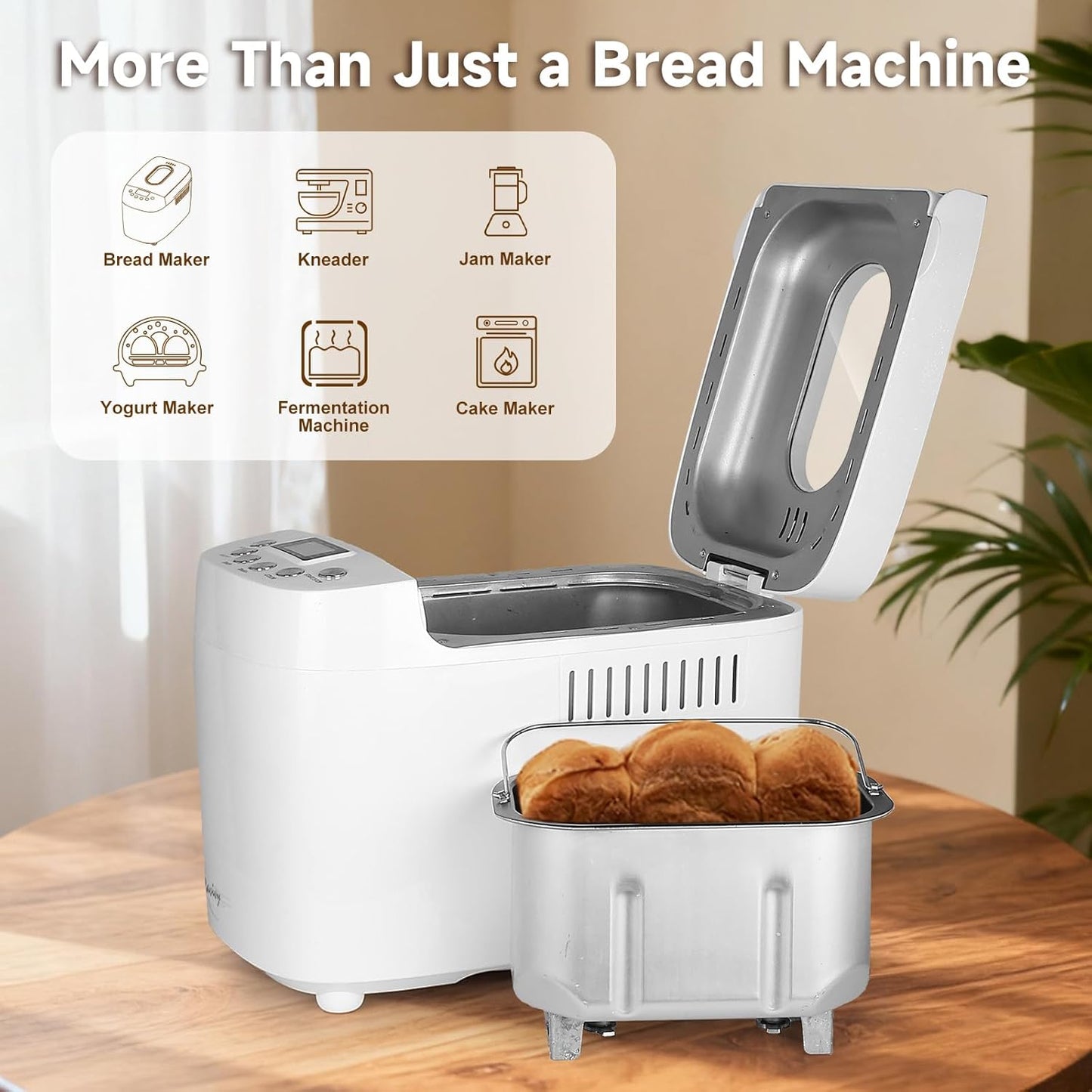 Davivy Bread Maker 1.5kg Dough Maker, 15-in-1 Automatic Bread Maker with Nonstick Bowls, Jam and Yogurt, 3 Bread Sizes and 3 Shell Settings, 15-H Delay Timer (850W, Silver, 1.5 kg)