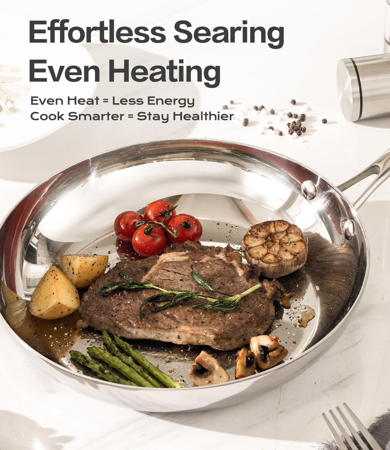 10 Inch Stainless Steel Frying Pan - 3 Ply Stainless Clad Skillet with Aluminum Core, Durable and Even Heating, Professional Cookware for Induction, All Stoves Compatiable Oven & Dishwasher Safe