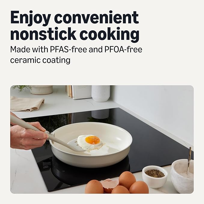 Amazon Basics Ceramic Nonstick Stackable Cookware with Detachable Handles, 11-Piece Set, All Cooktop Friendly, Linen Gray