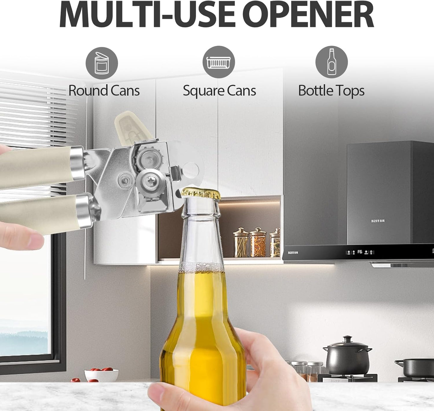 Can Opener Manual, Heavy Duty Handheld Strong Can Opener with Soft Touch Handle, Sharp Blade Smooth Edge, Can Openers with Multifunctional Bottle Opener, Beige