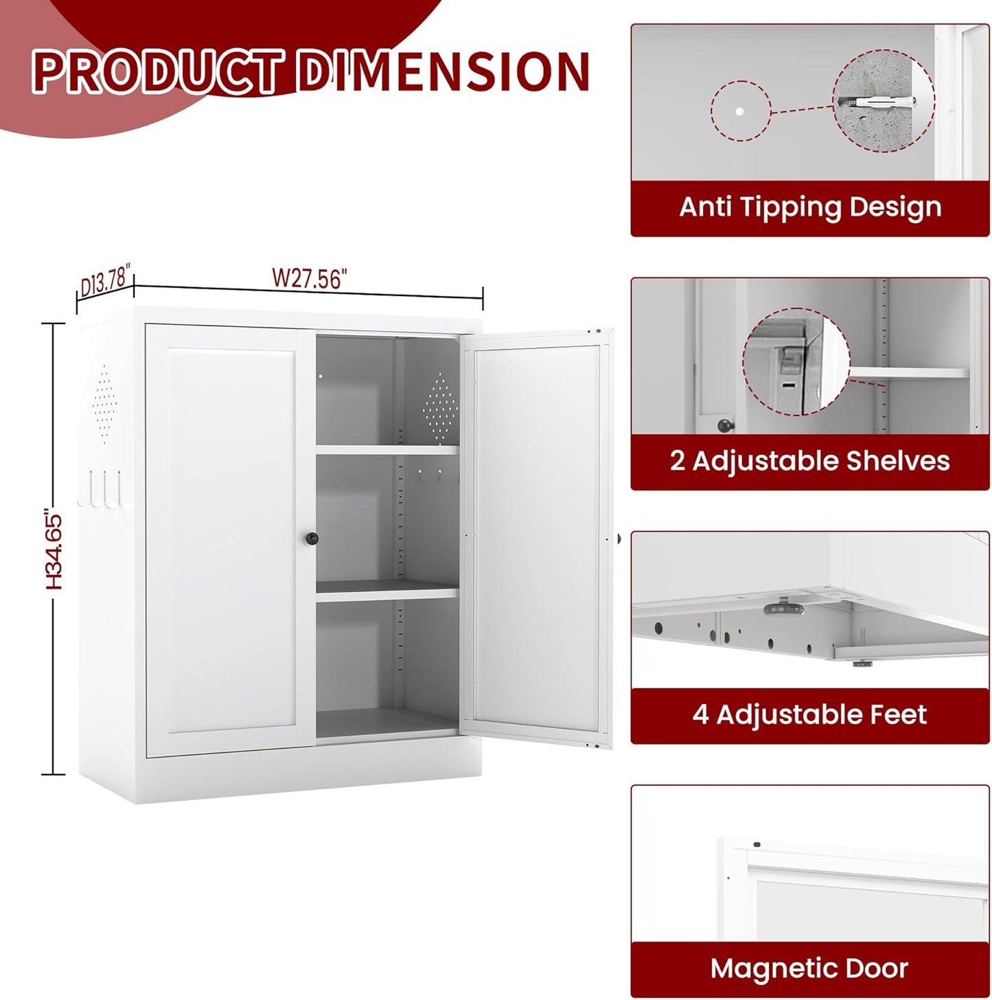 AQY Kitchen Pantry Cabinet,34.6" White Pantry Storage Cabinet with 2 Tier Adjustable Shelves and 2 Doors,Freestanding Cupboard,Metal Pantry Cabinets for Living Room Kitchen Assembly Required