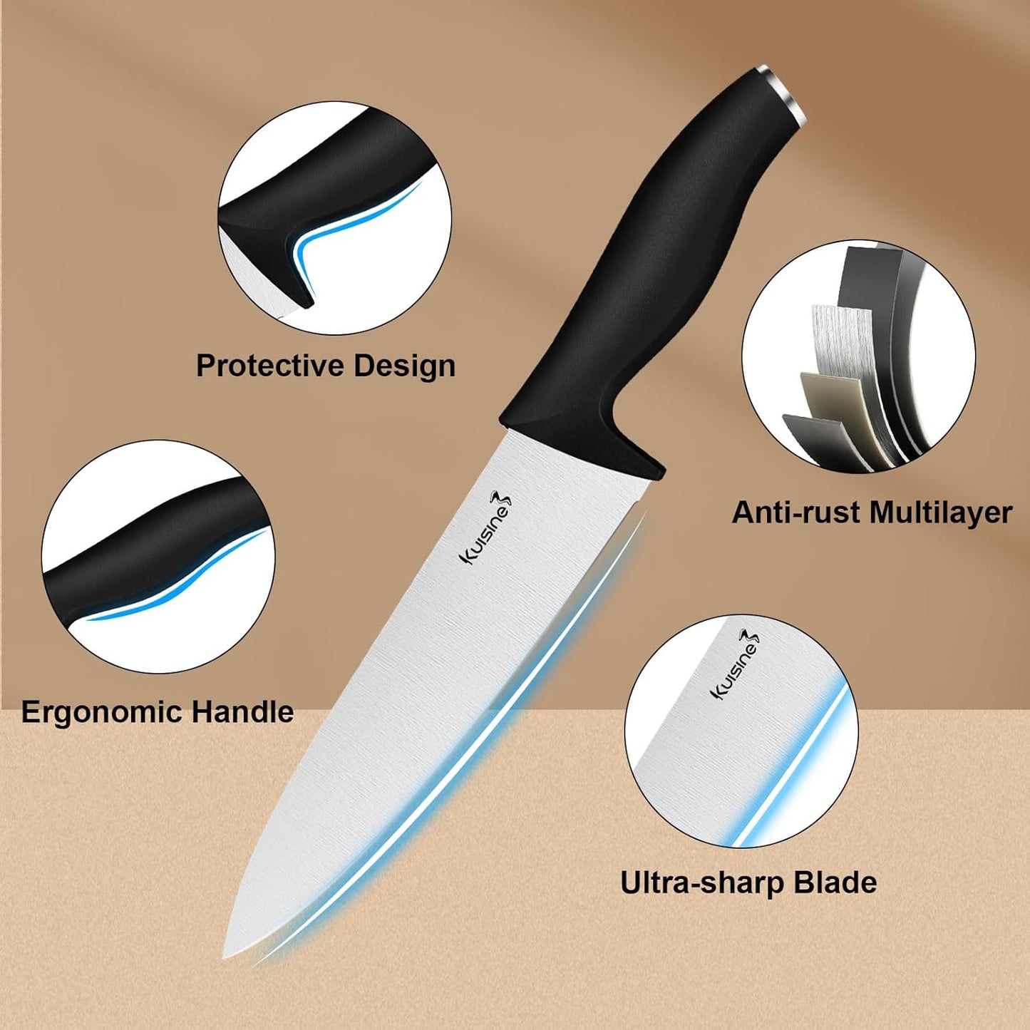 Kuisine Chef Knife Set,High Carbon Stainless Steel Ultra Sharp Blade Ergonomic Handle,Kitchen Knife Block Set with Built-in Sharpener, Elegant Gift for Holiday(Acacia,15PCS)