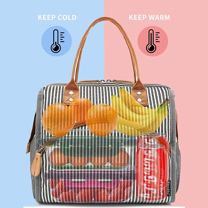 FlowFly Insulated Lunch Bag Wide-Open Lunch Box Large Tote Leakproof Cooler with Drink Holder and Multi Pockets for Women Men Adult Kids Work Picnic Travel Beach Hiking, White Black Stripes
