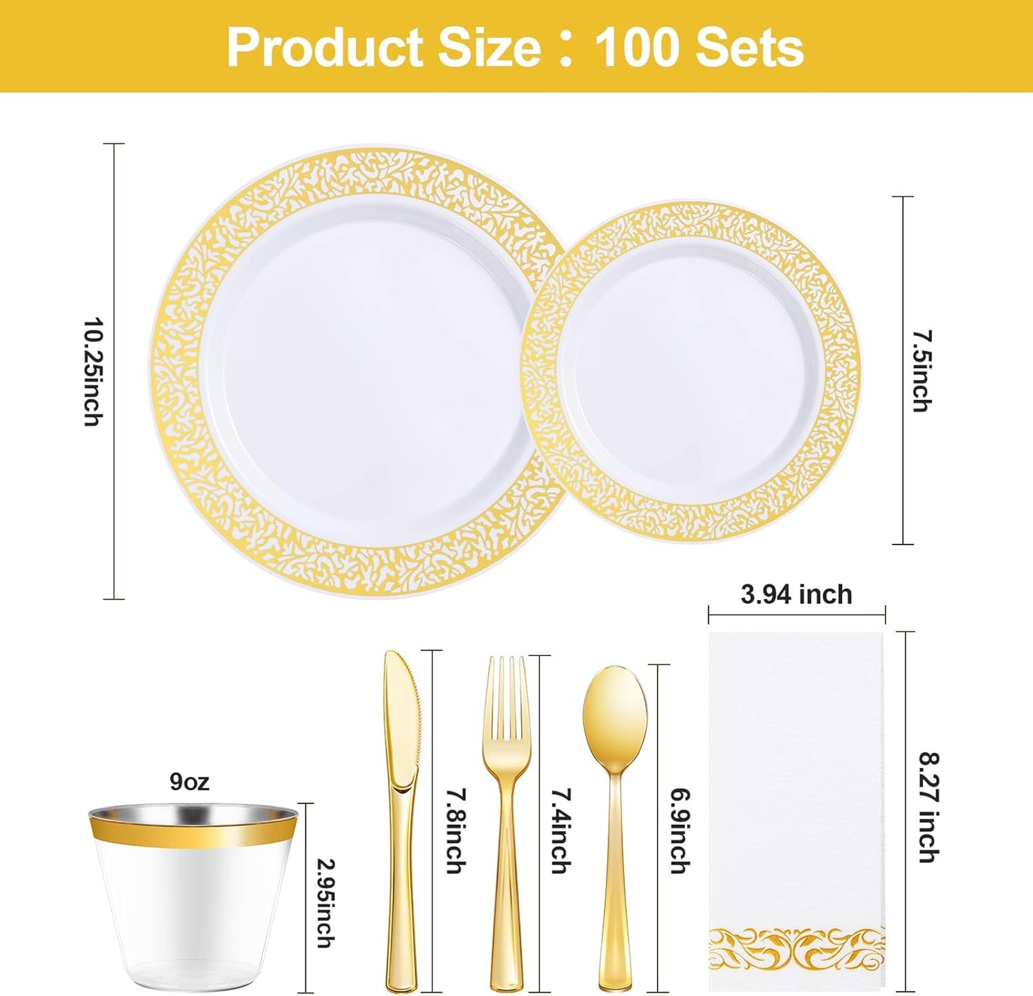 700PCS Gold Plastic Dinnerware Set for 100 Guests, Disposable Plates for Party, Include 100 Gold Dinner Plates, 100 Dessert Plates, 100 Set Silverware, 100 Cups, 100 Napkins