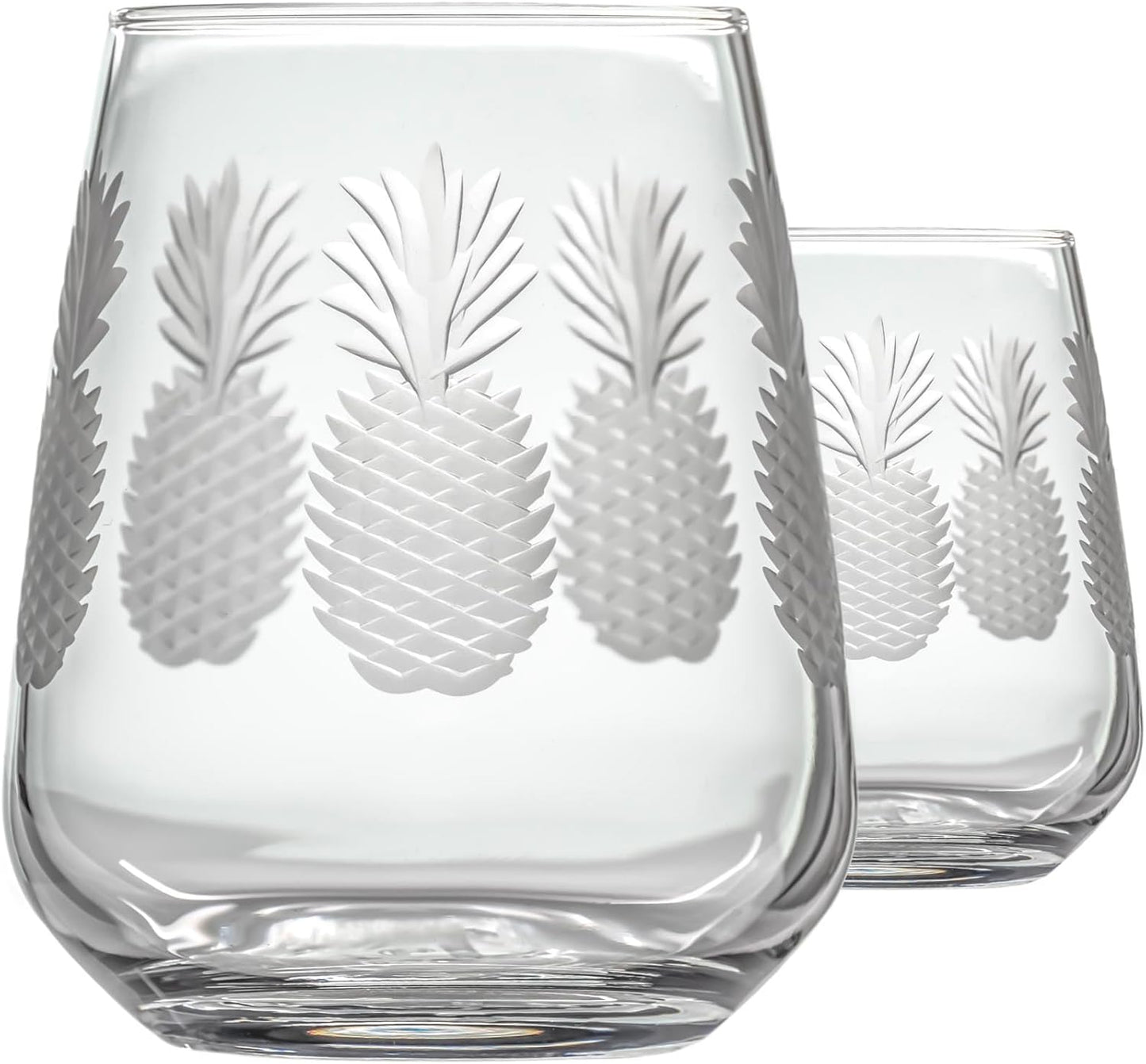 Rolf Glass Fresh Pineapple Stemless Wine Glass | 15.75oz Stemless Tumblers | Lead-Free and Diamond-Wheel Engraved | Tropical Coastal Etched Glassware with Pineapple Design | Set of 2