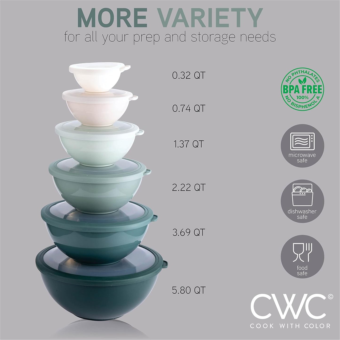 COOK WITH COLOR Nesting Mixing Bowls - 12 Piece Plastic Bowl Set with Lids, Microwave Safe (Green)