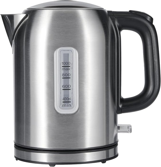 Amazon Basics 1.1Qt (1L) Electric Kettle, Tea Kettle & Water Boiler, with Auto Shut-Off, Boil Dry Protection, High-Safety Strix Thermostat, BPA-Free, 1500W, Stainless Steel, New Model, Black & Silver