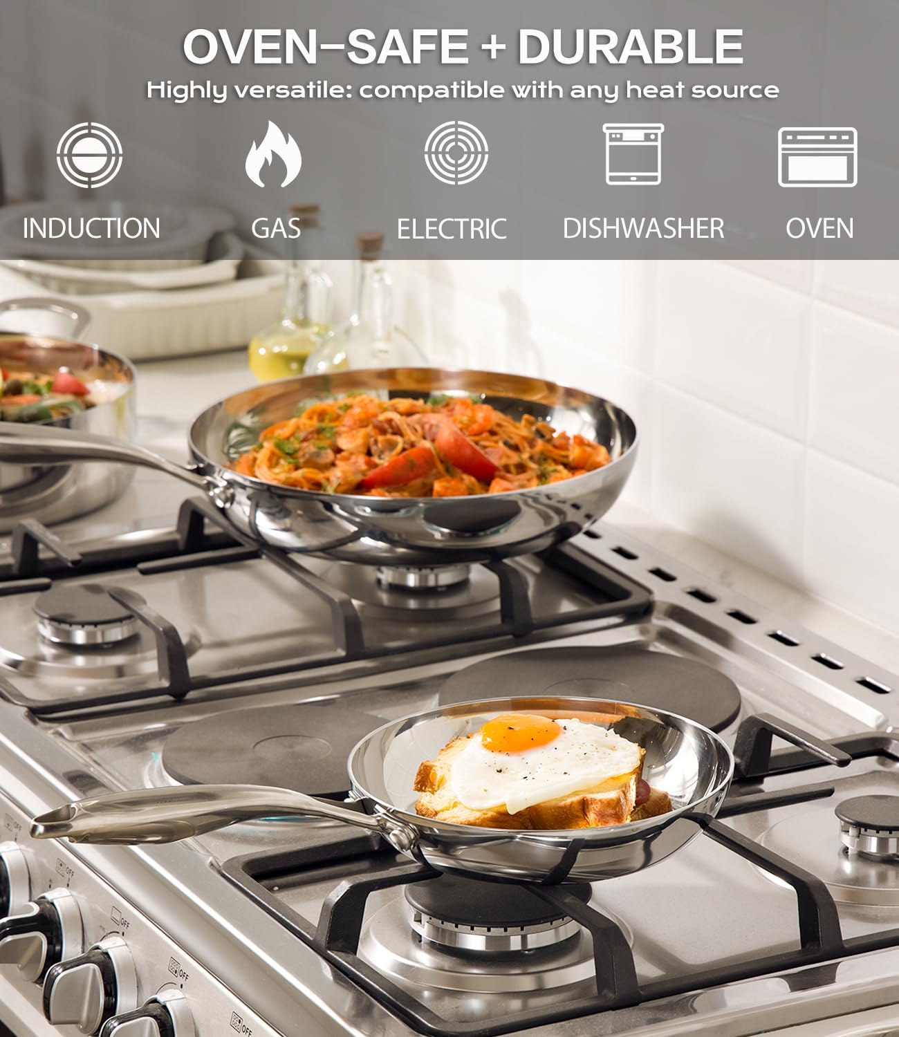 12 Inch Stainless Steel Frying Pan with Lid, 3-Ply Stainless Clad Skillets Fry Pan Fast & Even Heating, Oven Safe Up to 600℉ Dishwash Safe Compatible for All Cooktops Kitchen Cookware