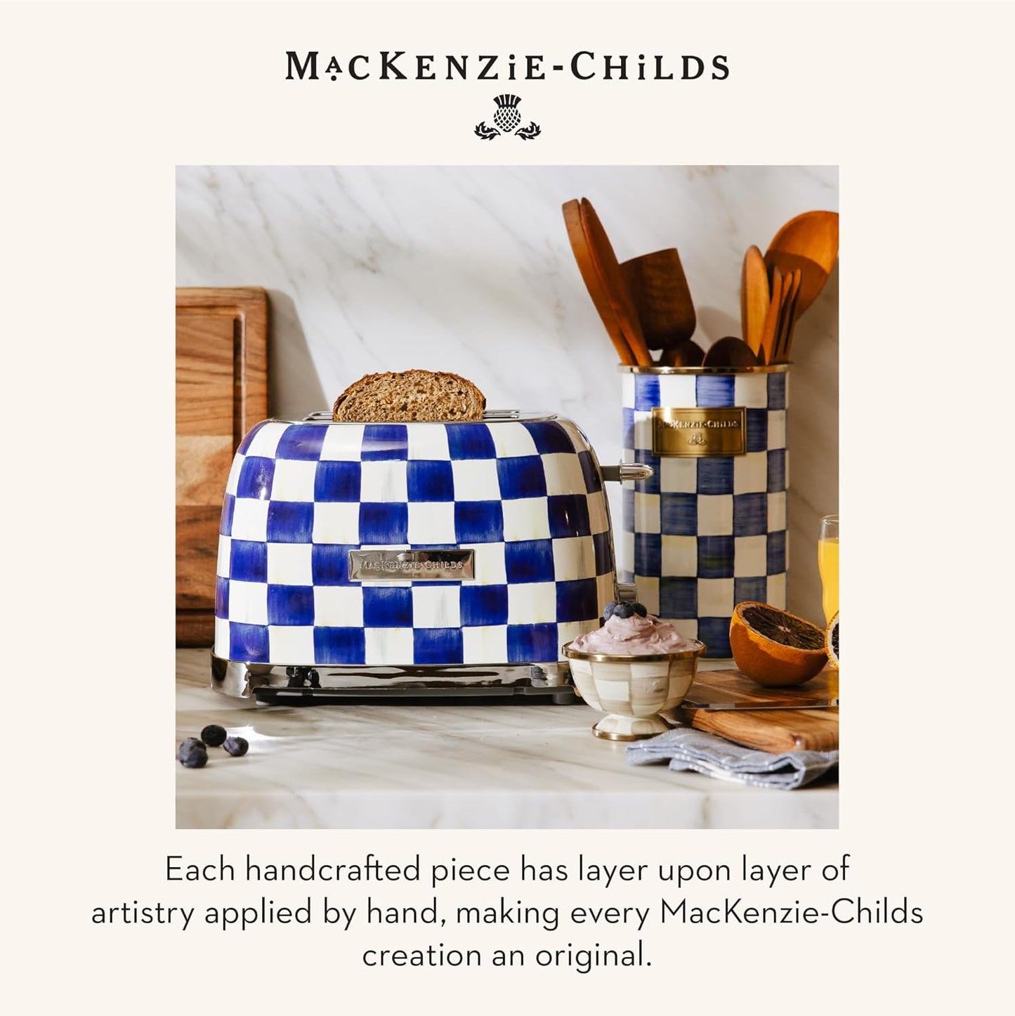 MACKENZIE-CHILDS 2-Slice Toaster, Decorative Toaster for Kitchen, Blue-and-White Royal Check