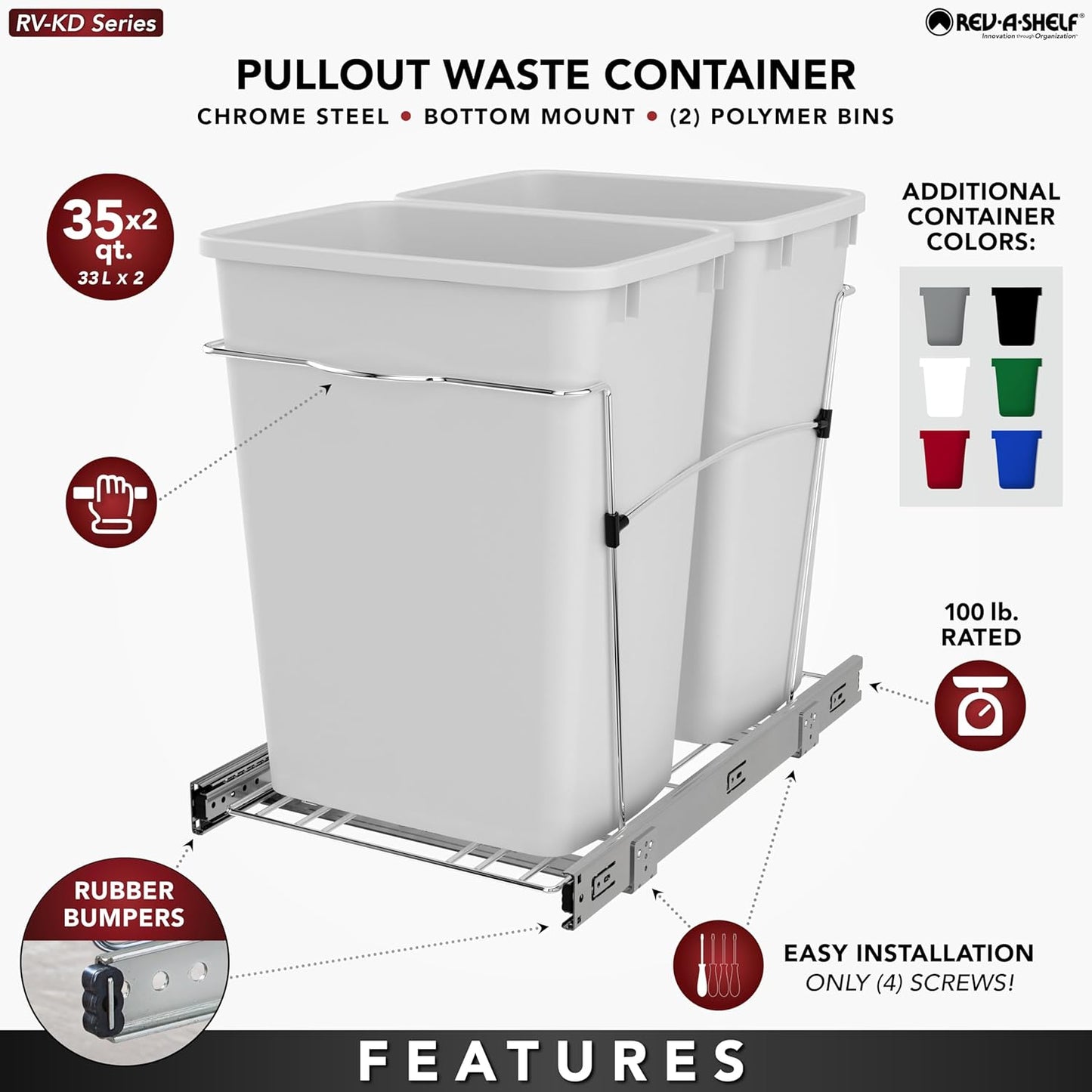 Rev-A-Shelf RV-18KD-11C S Double Pullout Trash Can for Kitchen Cabinets 35 Qt Garbage Recycling Bin on Full-Extension Slides, White