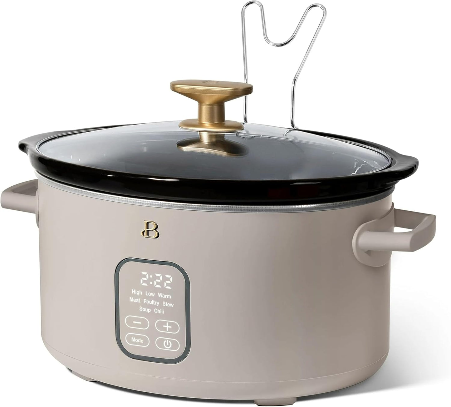 Beautiful 6 Qt Programmable Slow Cooker by Drew Barrymore - 5 Preset Cooking Functions, Digital Countdown Timer, Dishwasher-Safe Parts, and Cool-Touch Handles (Porcini Taupe.)