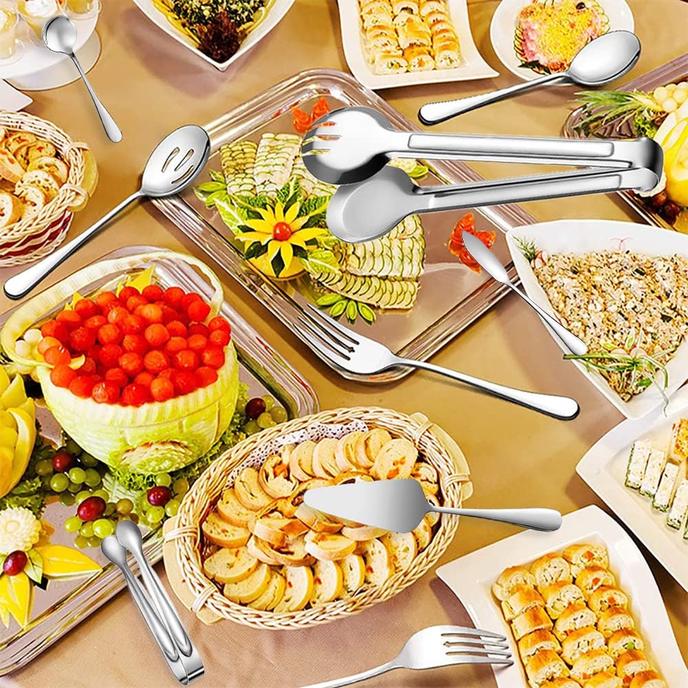 12 PCS Stainless Steel Serving Utensils, Large Spoons Slotted Spoons Forks Tongs, Ice Suger Tongs, Pie Server, Butter Knife, Coffee Spoons, Great for Buffet Catering Banquet Party, Silver