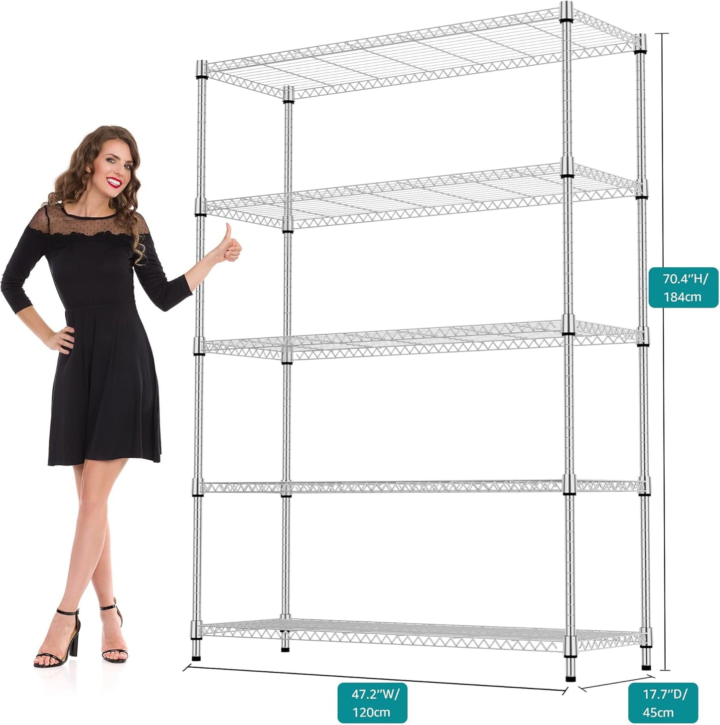 5 Tiers Shelf 1750 lbs Steel Storage Shelving Utility Shelving Unit Steel Organizer Wire Rack for Home,Kitchen,Office,Garage Chrome 17.7" D x 47.2" W x 72.4" H
