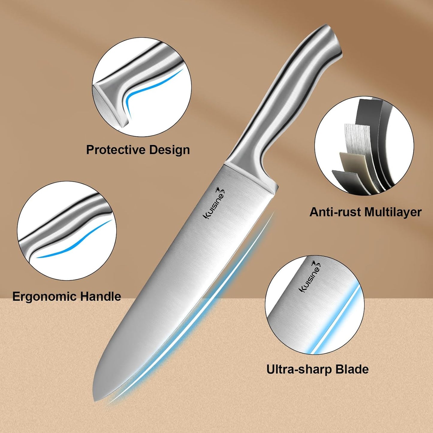 Kuisine Premium Sharp Knife Set,High Carbon Stainless Steel Sharper Blade Ergonomic Non-slip Handle,Kitchen Block Knife Set Chef Knife Block Set with Built-in Sharpener(Acacia, 15PCS)